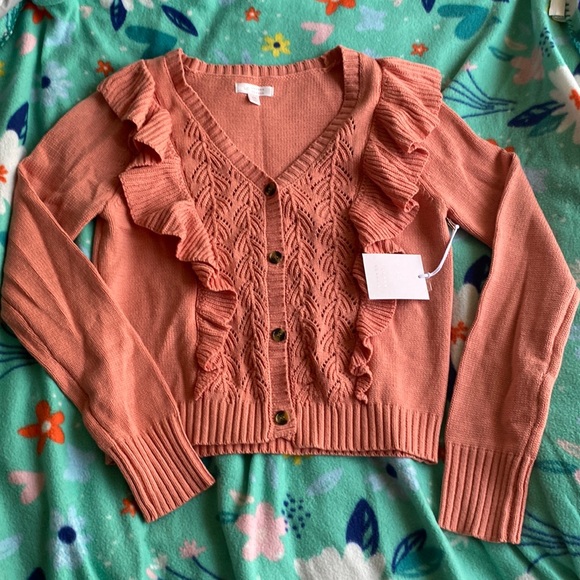 NWT LC Lauren Conrad Women’s XS Coral Pointelle Ruffle Cardigan - Picture 2 of 7